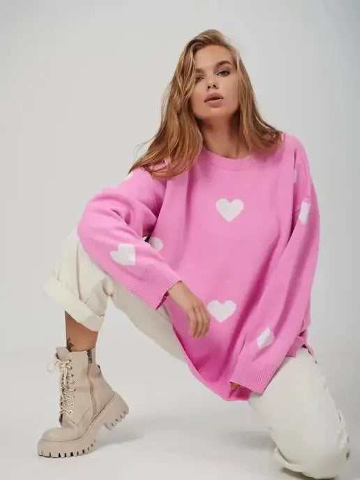Autumn Winter Love Heart Knit Sweater – Casual Loose Pullover for Women | Cozy & Stylish Round Collar Top - captivatingconversationsstarters