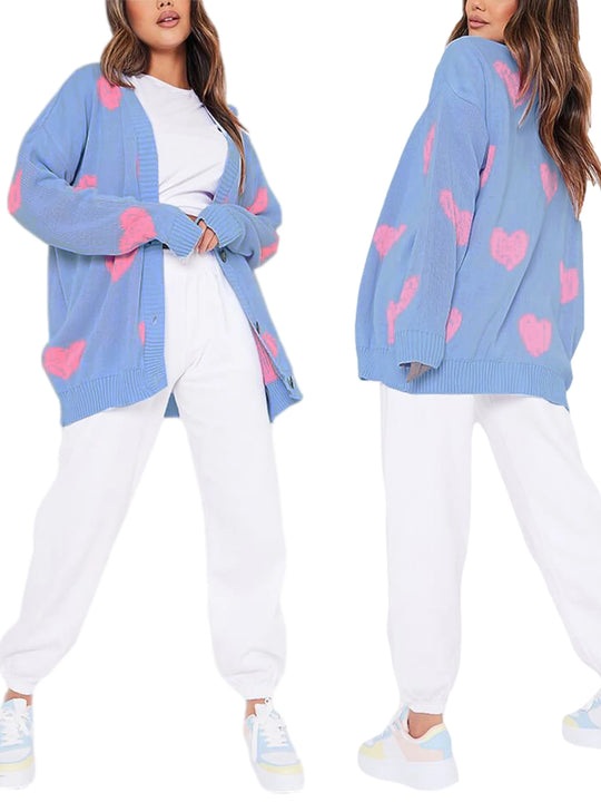 Chic Women’s Valentine’s Day Heart Sweater Cardigan – Casual Knit Button Open Front Outerwear - captivatingconversationsstarters