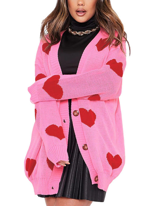 Chic Women’s Valentine’s Day Heart Sweater Cardigan – Casual Knit Button Open Front Outerwear - captivatingconversationsstarters