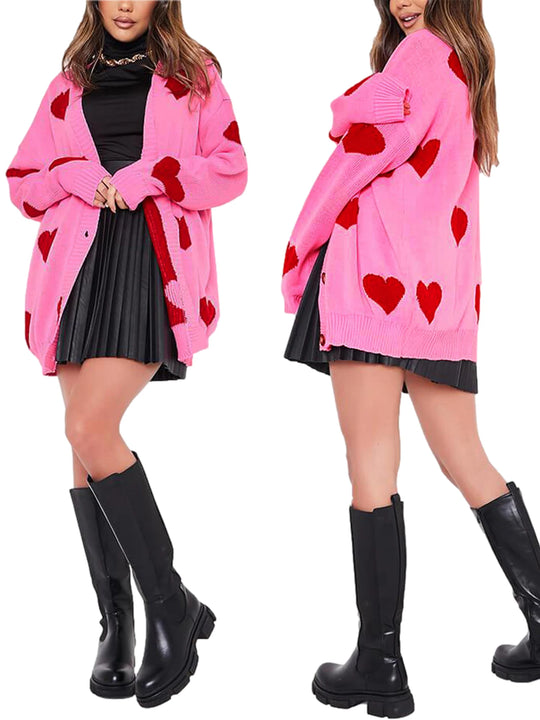 Chic Women’s Valentine’s Day Heart Sweater Cardigan – Casual Knit Button Open Front Outerwear - captivatingconversationsstarters