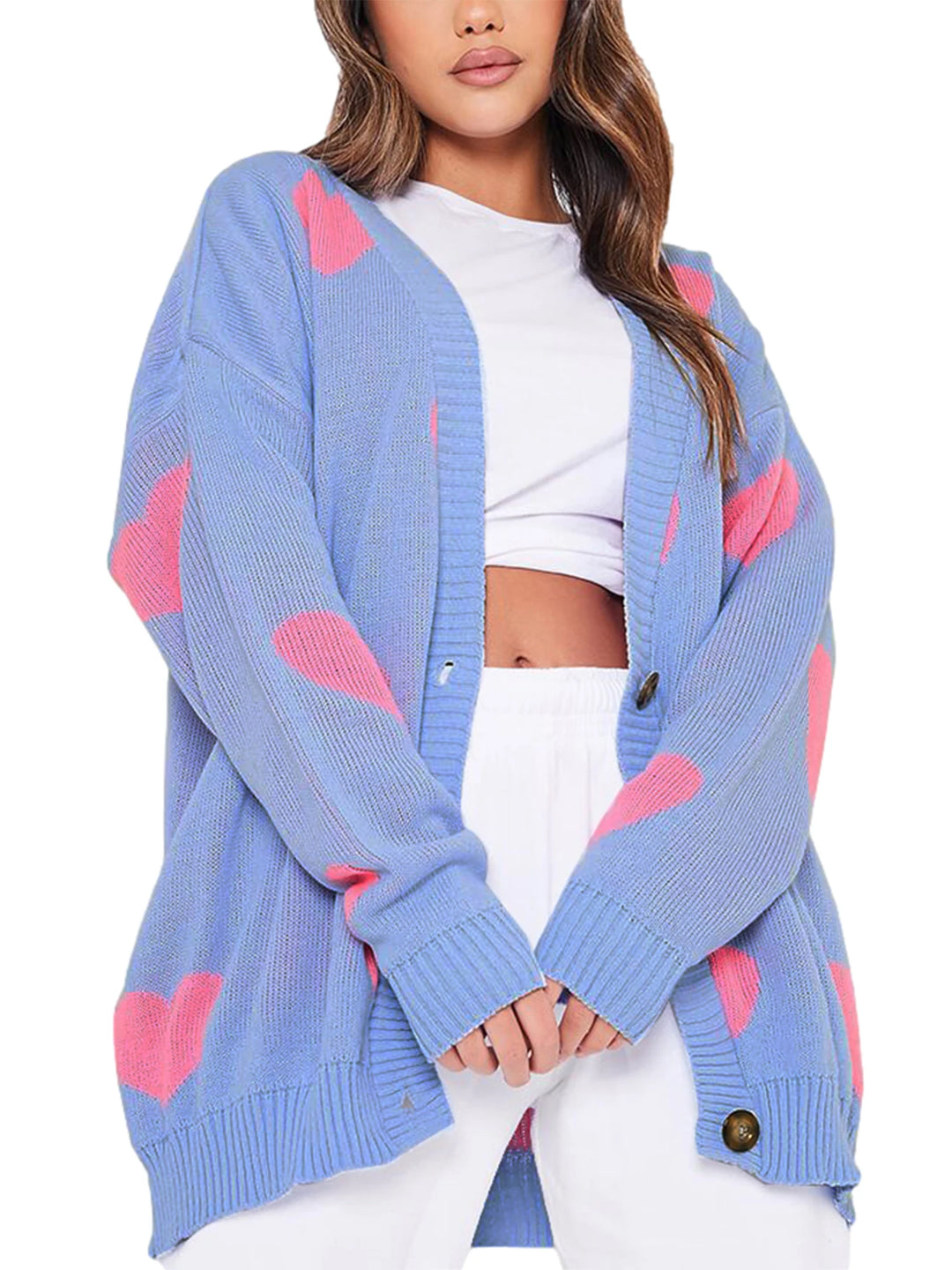 Chic Women’s Valentine’s Day Heart Sweater Cardigan – Casual Knit Button Open Front Outerwear - captivatingconversationsstarters
