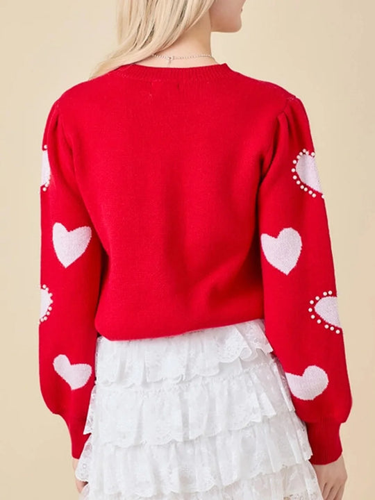 Women's Valentine's Day Red Heart Knit Sweater – Long Sleeve, Round Neck, Trendy & Cozy Knitwear for All Seasons - captivatingconversationsstarters