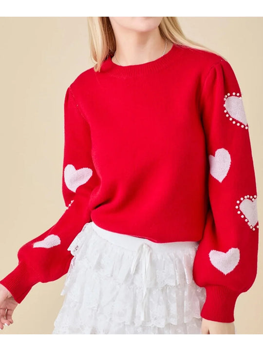 Women's Valentine's Day Red Heart Knit Sweater – Long Sleeve, Round Neck, Trendy & Cozy Knitwear for All Seasons - captivatingconversationsstarters