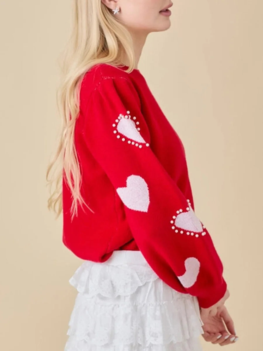 Women's Valentine's Day Red Heart Knit Sweater – Long Sleeve, Round Neck, Trendy & Cozy Knitwear for All Seasons - captivatingconversationsstarters