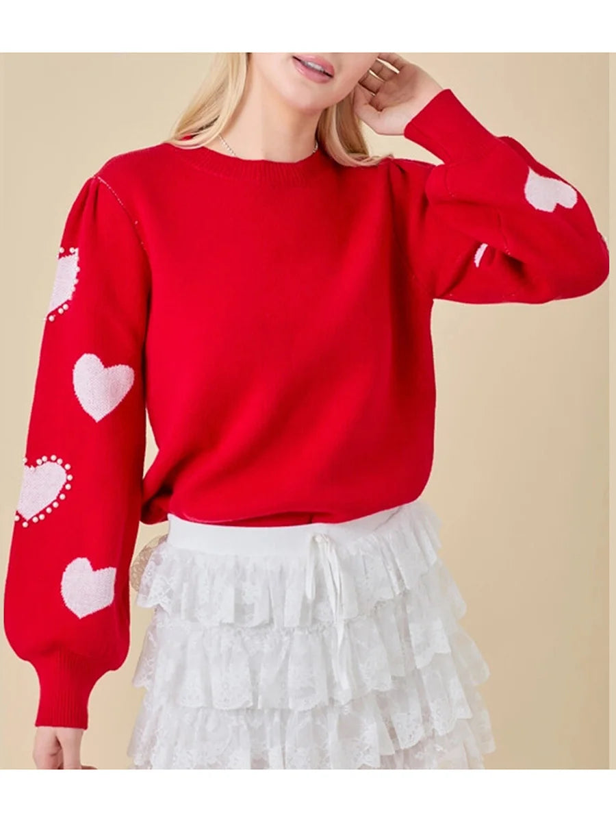 Women's Valentine's Day Red Heart Knit Sweater – Long Sleeve, Round Neck, Trendy & Cozy Knitwear for All Seasons - captivatingconversationsstarters