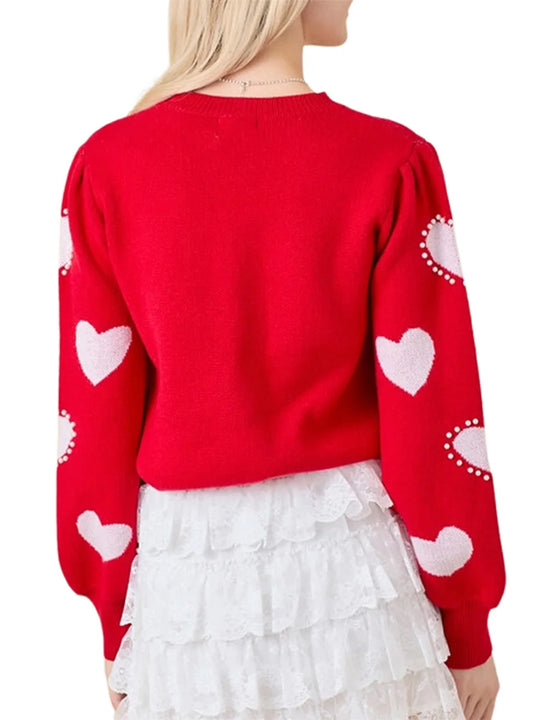 Women's Valentine's Day Red Heart Knit Sweater – Long Sleeve, Round Neck, Trendy & Cozy Knitwear for All Seasons - captivatingconversationsstarters
