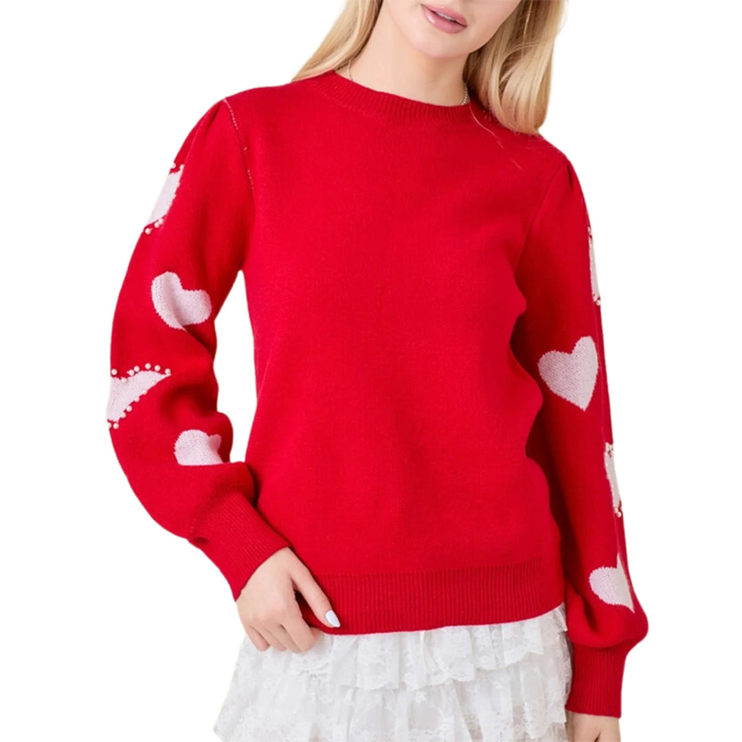 Women's Valentine's Day Red Heart Knit Sweater – Long Sleeve, Round Neck, Trendy & Cozy Knitwear for All Seasons - captivatingconversationsstarters