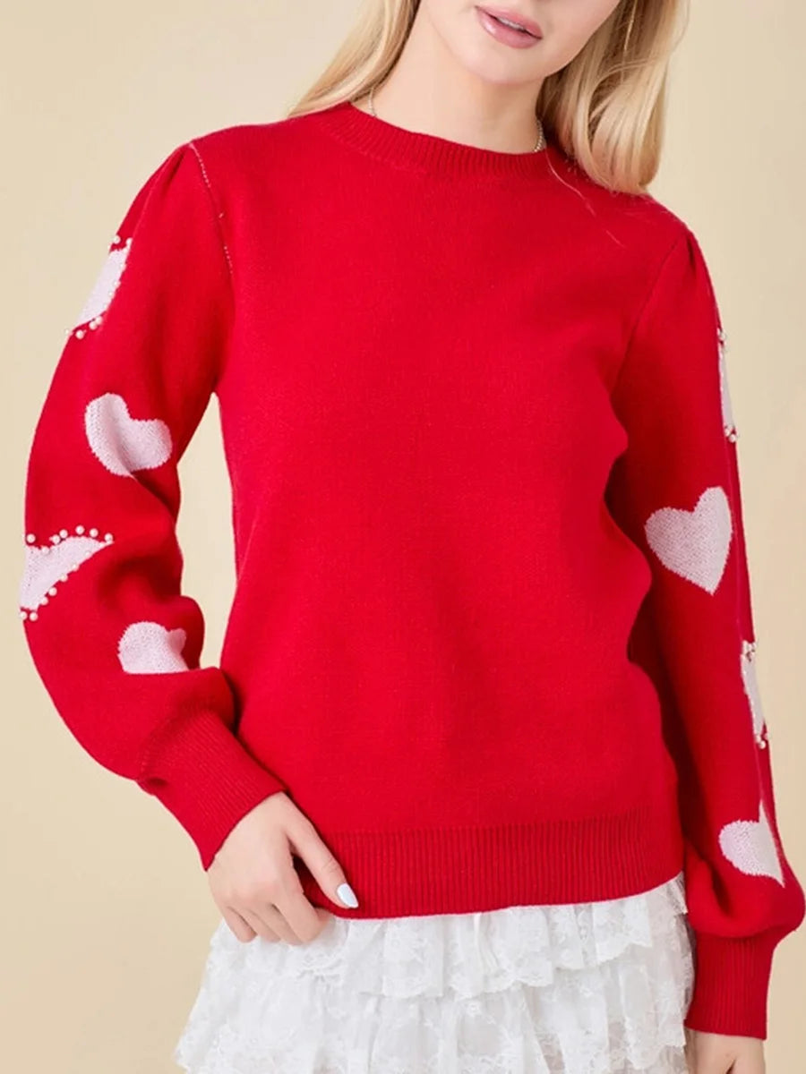 Women's Valentine's Day Red Heart Knit Sweater – Long Sleeve, Round Neck, Trendy & Cozy Knitwear for All Seasons - captivatingconversationsstarters
