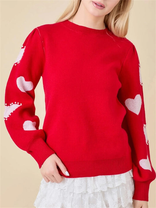 Women's Valentine's Day Red Heart Knit Sweater – Long Sleeve, Round Neck, Trendy & Cozy Knitwear for All Seasons - captivatingconversationsstarters