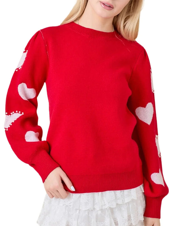 Women's Valentine's Day Red Heart Knit Sweater – Long Sleeve, Round Neck, Trendy & Cozy Knitwear for All Seasons - captivatingconversationsstarters