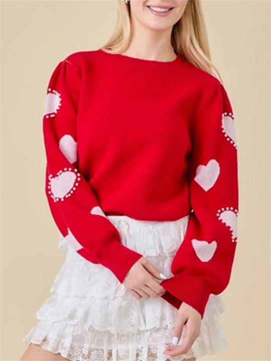 Women's Valentine's Day Red Heart Knit Sweater – Long Sleeve, Round Neck, Trendy & Cozy Knitwear for All Seasons - captivatingconversationsstarters