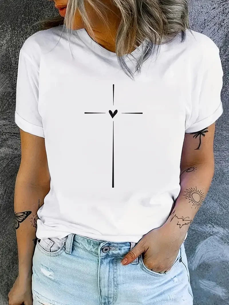 Trendy Cross Graphic Print Crew Neck T-Shirt - Casual Short Sleeve Women's Tee for Spring & Summer 2025 | Funny & Stylish Wardrobe Essential - captivatingconversationsstarters