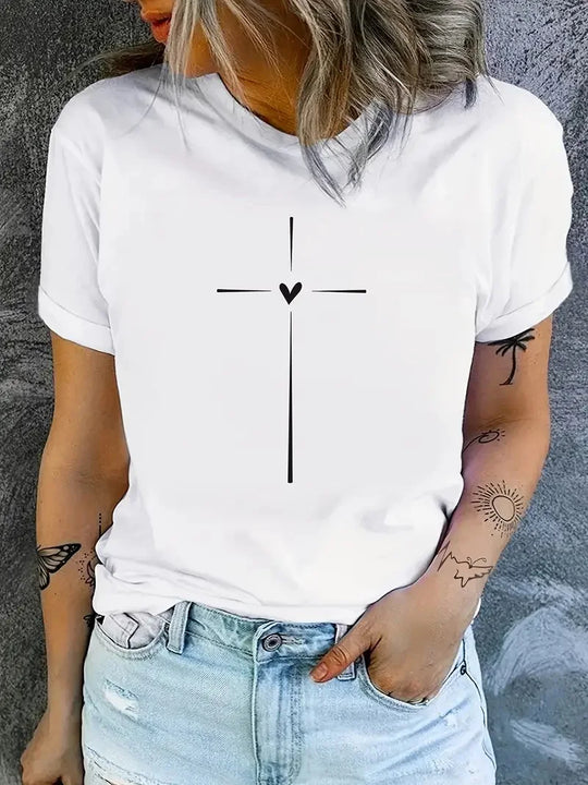 Trendy Cross Graphic Print Crew Neck T-Shirt - Casual Short Sleeve Women's Tee for Spring & Summer 2025 | Funny & Stylish Wardrobe Essential - captivatingconversationsstarters