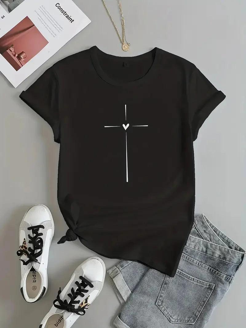 Trendy Cross Graphic Print Crew Neck T-Shirt - Casual Short Sleeve Women's Tee for Spring & Summer 2025 | Funny & Stylish Wardrobe Essential - captivatingconversationsstarters