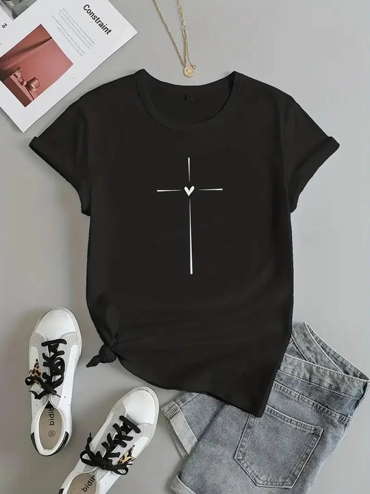 Trendy Cross Graphic Print Crew Neck T-Shirt - Casual Short Sleeve Women's Tee for Spring & Summer 2025 | Funny & Stylish Wardrobe Essential - captivatingconversationsstarters