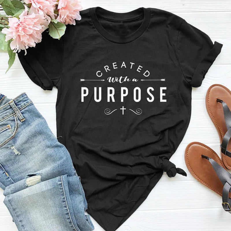 Created With a Purpose Cross Christian T-Shirt Stylish Funny Cotton Tee Casual Bible Verse Clothing Tops Tumblr gift t shirts - captivatingconversationsstarters