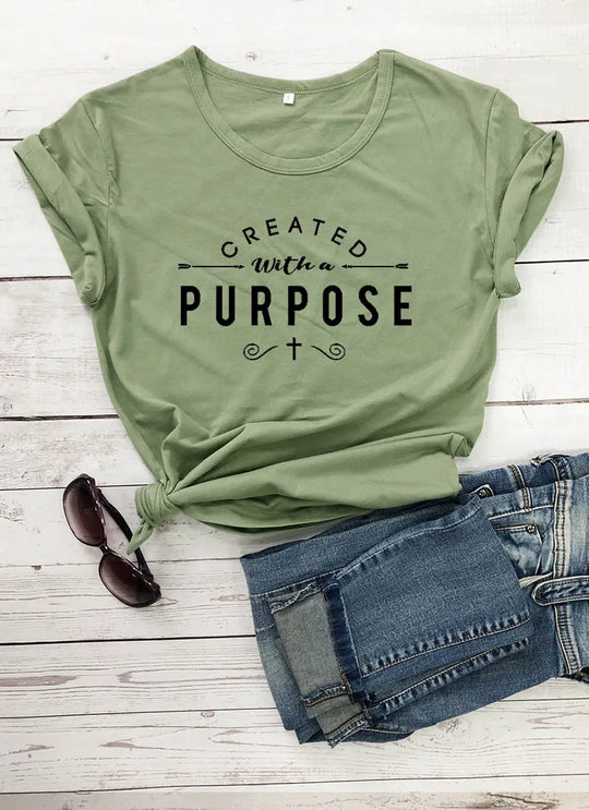 Created With a Purpose Cross Christian T-Shirt Stylish Funny Cotton Tee Casual Bible Verse Clothing Tops Tumblr gift t shirts - captivatingconversationsstarters