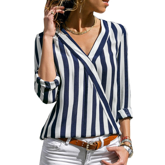 Effortless Elegance: Women’s Striped Long Sleeve V-Neck Casual Blouse - captivatingconversationsstarters