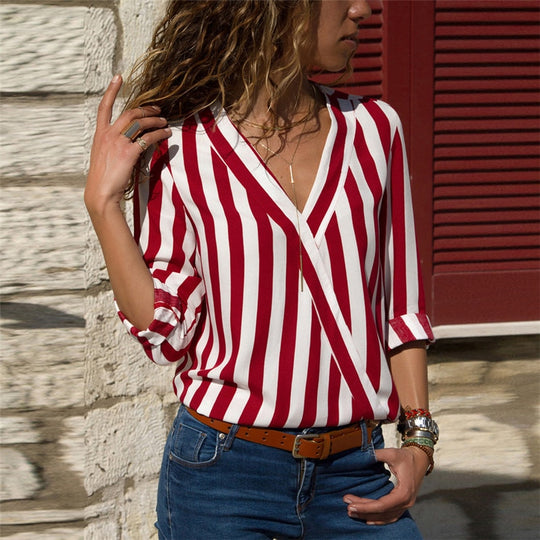 Effortless Elegance: Women’s Striped Long Sleeve V-Neck Casual Blouse - captivatingconversationsstarters