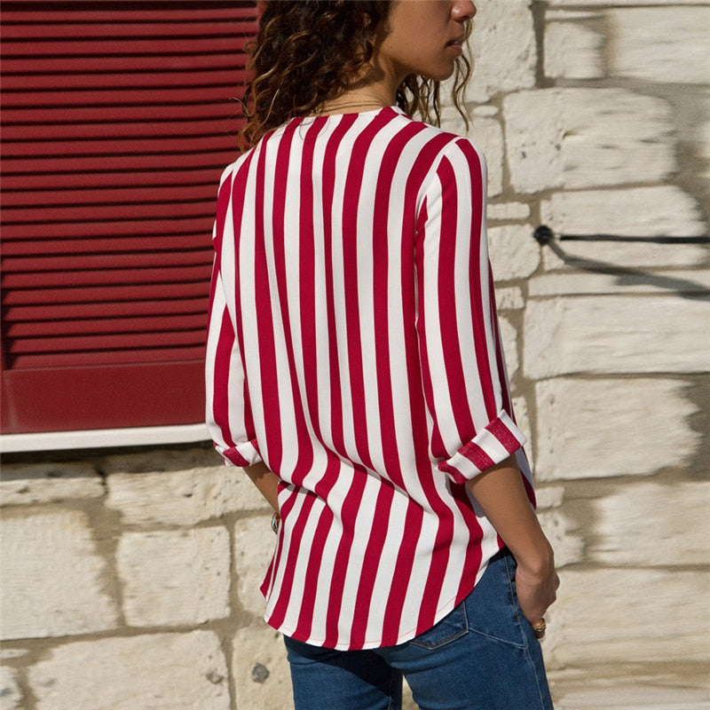 Effortless Elegance: Women’s Striped Long Sleeve V-Neck Casual Blouse - captivatingconversationsstarters
