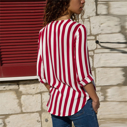 Effortless Elegance: Women’s Striped Long Sleeve V-Neck Casual Blouse - captivatingconversationsstarters