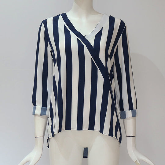 Effortless Elegance: Women’s Striped Long Sleeve V-Neck Casual Blouse - captivatingconversationsstarters