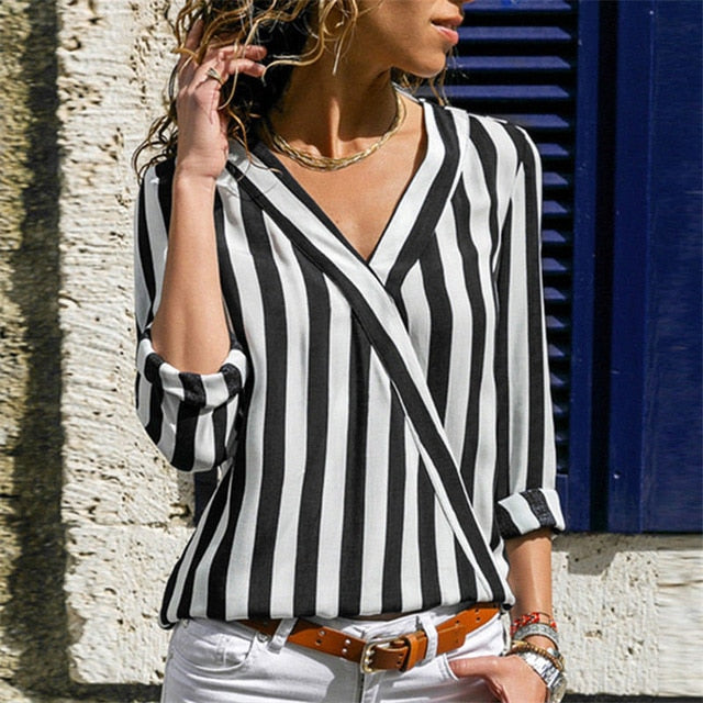 Effortless Elegance: Women’s Striped Long Sleeve V-Neck Casual Blouse - captivatingconversationsstarters