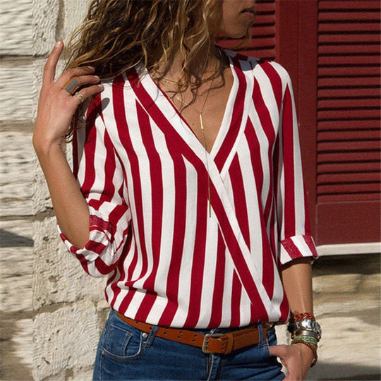 Effortless Elegance: Women’s Striped Long Sleeve V-Neck Casual Blouse - captivatingconversationsstarters