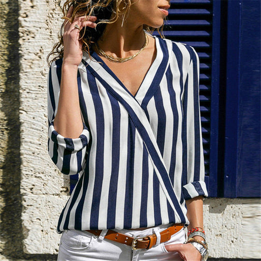 Effortless Elegance: Women’s Striped Long Sleeve V-Neck Casual Blouse - captivatingconversationsstarters