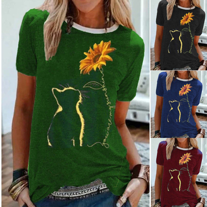 Floral Gaze Cat Tee - Women's Charming Feline & Flower T-Shirt - captivatingconversationsstarters
