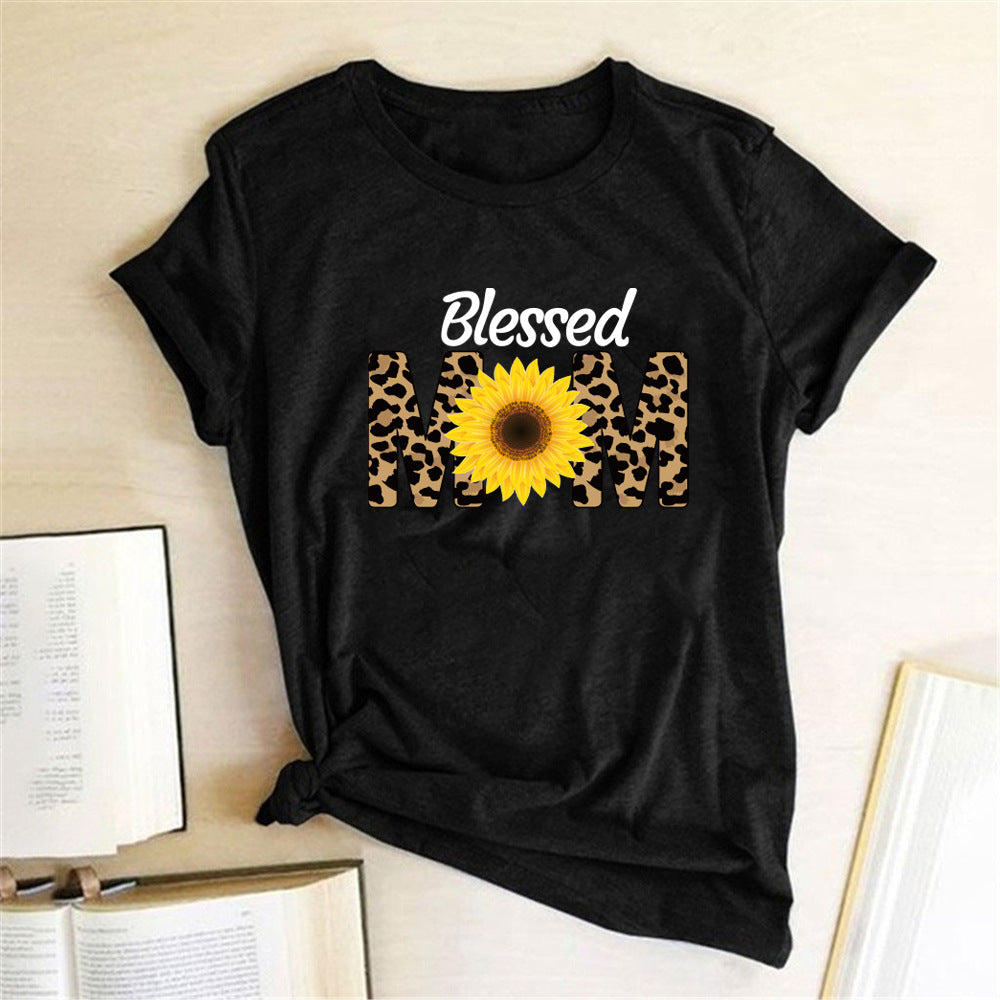 Radiant Mom: Sunflower & Leopard Print Elegance Tee - captivatingconversationsstarters