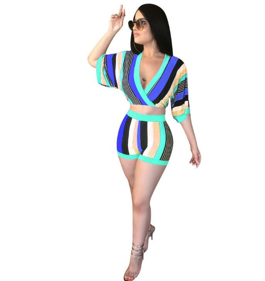 Vivid Allure: Women's Sexy 2-Piece Colorful Bodycon Stripe Shorts Set - captivatingconversationsstarters