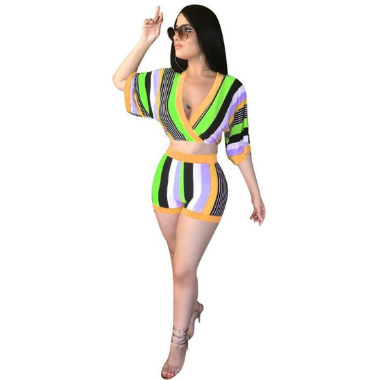 Vivid Allure: Women's Sexy 2-Piece Colorful Bodycon Stripe Shorts Set - captivatingconversationsstarters