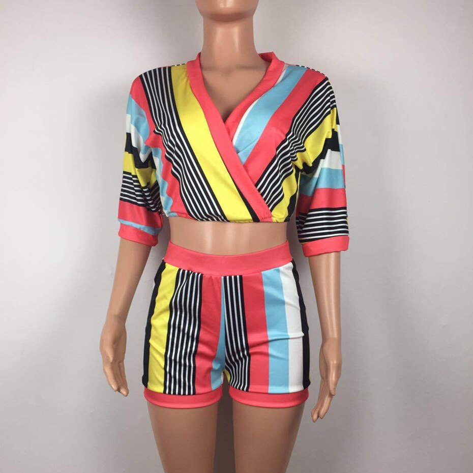 Vivid Allure: Women's Sexy 2-Piece Colorful Bodycon Stripe Shorts Set - captivatingconversationsstarters