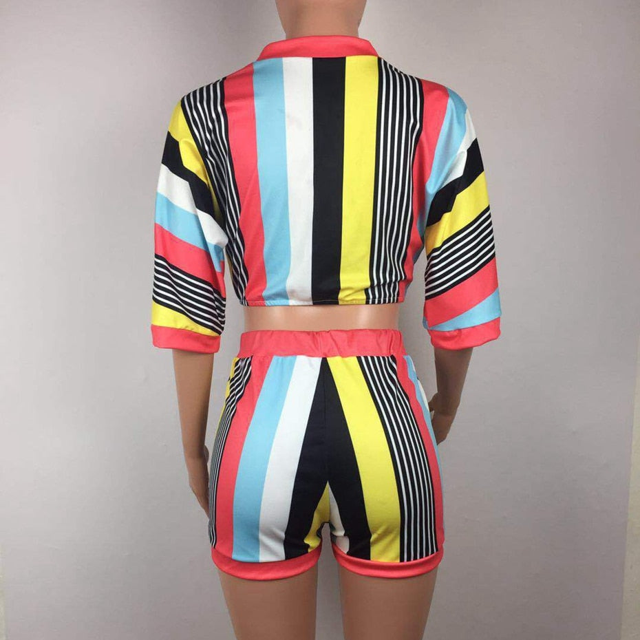 Vivid Allure: Women's Sexy 2-Piece Colorful Bodycon Stripe Shorts Set - captivatingconversationsstarters