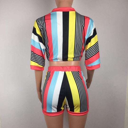 Vivid Allure: Women's Sexy 2-Piece Colorful Bodycon Stripe Shorts Set - captivatingconversationsstarters