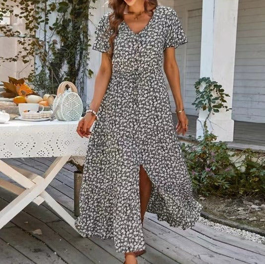 Sunkissed Allure: Sexy Summer Drawstring Slit Holiday Long Dress - captivatingconversationsstarters