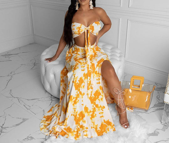 Sun-Kissed Sensation: Sexy Bandeau Strapless Crop Top & Slit Maxi Skirt - captivatingconversationsstarters