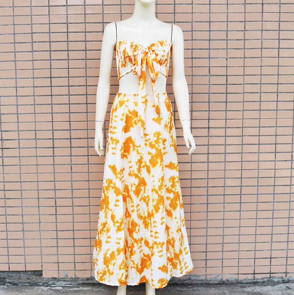 Sun-Kissed Sensation: Sexy Bandeau Strapless Crop Top & Slit Maxi Skirt - captivatingconversationsstarters