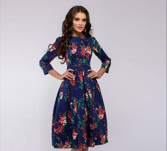 Elegance in Bloom: Retro Floral A-line Dress - captivatingconversationsstarters