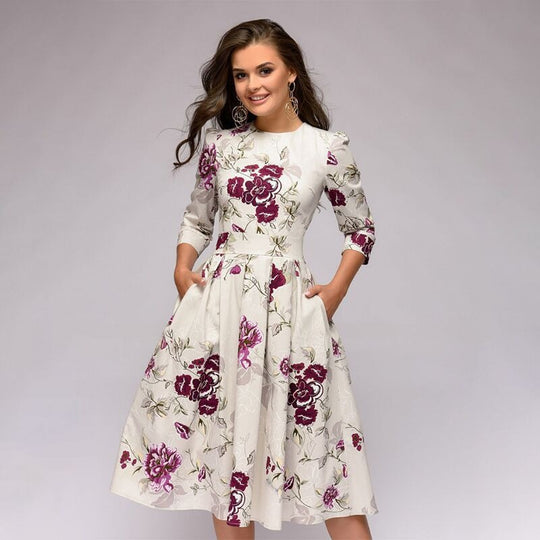 Elegance in Bloom: Retro Floral A-line Dress - captivatingconversationsstarters