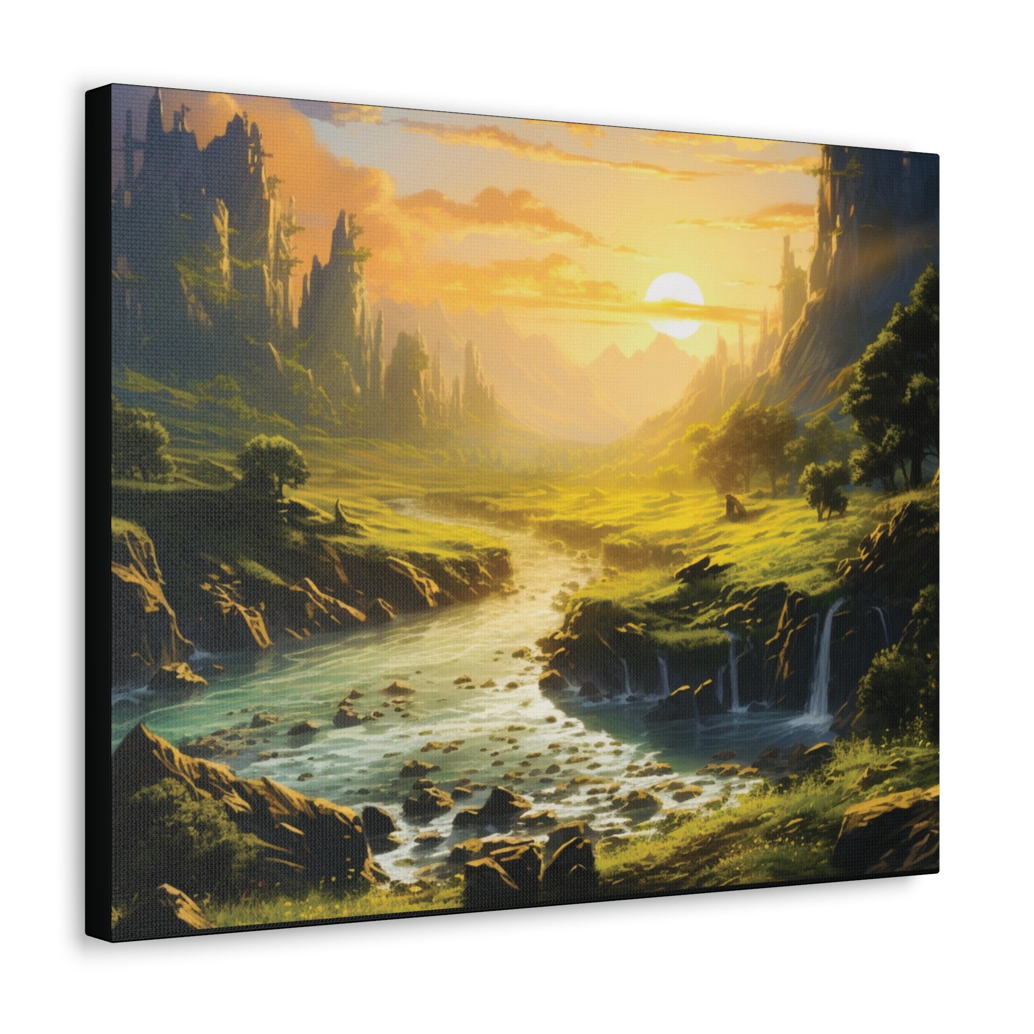 Harvest Moon Riverbank Canvas Art – Serene Sunset with Majestic Mountains & Lush Greenery - captivatingconversationsstarters