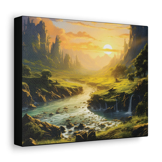 Harvest Moon Riverbank Canvas Art – Serene Sunset with Majestic Mountains & Lush Greenery - captivatingconversationsstarters