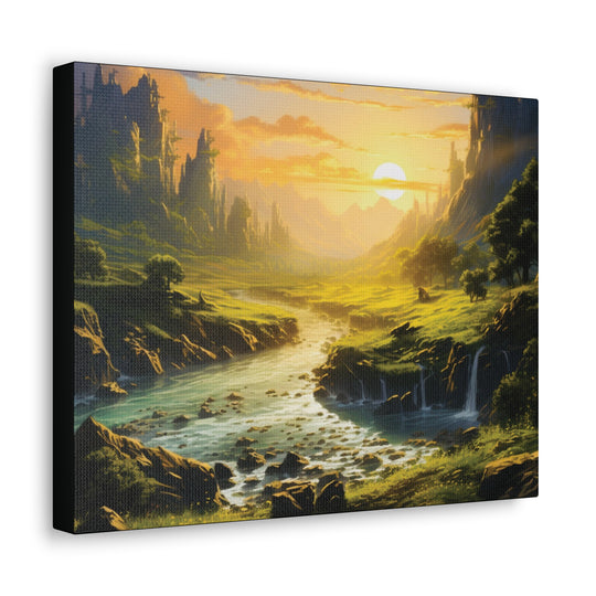 Harvest Moon Riverbank Canvas Art – Serene Sunset with Majestic Mountains & Lush Greenery - captivatingconversationsstarters