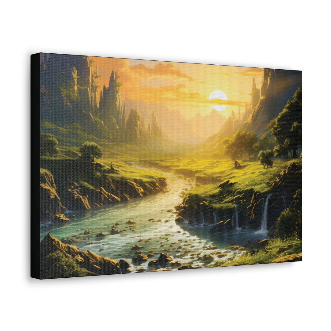 Harvest Moon Riverbank Canvas Art – Serene Sunset with Majestic Mountains & Lush Greenery - captivatingconversationsstarters