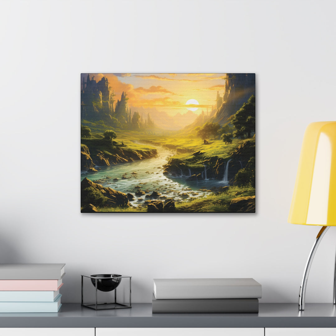 Harvest Moon Riverbank Canvas Art – Serene Sunset with Majestic Mountains & Lush Greenery - captivatingconversationsstarters