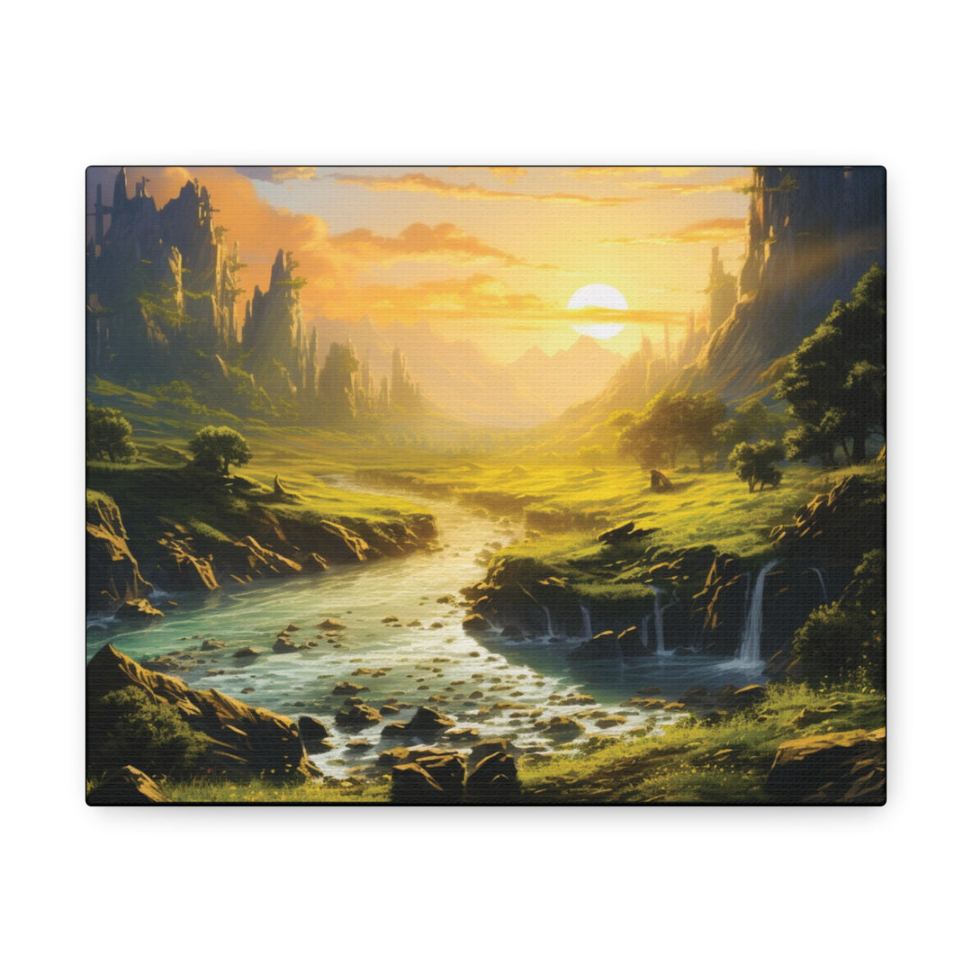 Harvest Moon Riverbank Canvas Art – Serene Sunset with Majestic Mountains & Lush Greenery - captivatingconversationsstarters