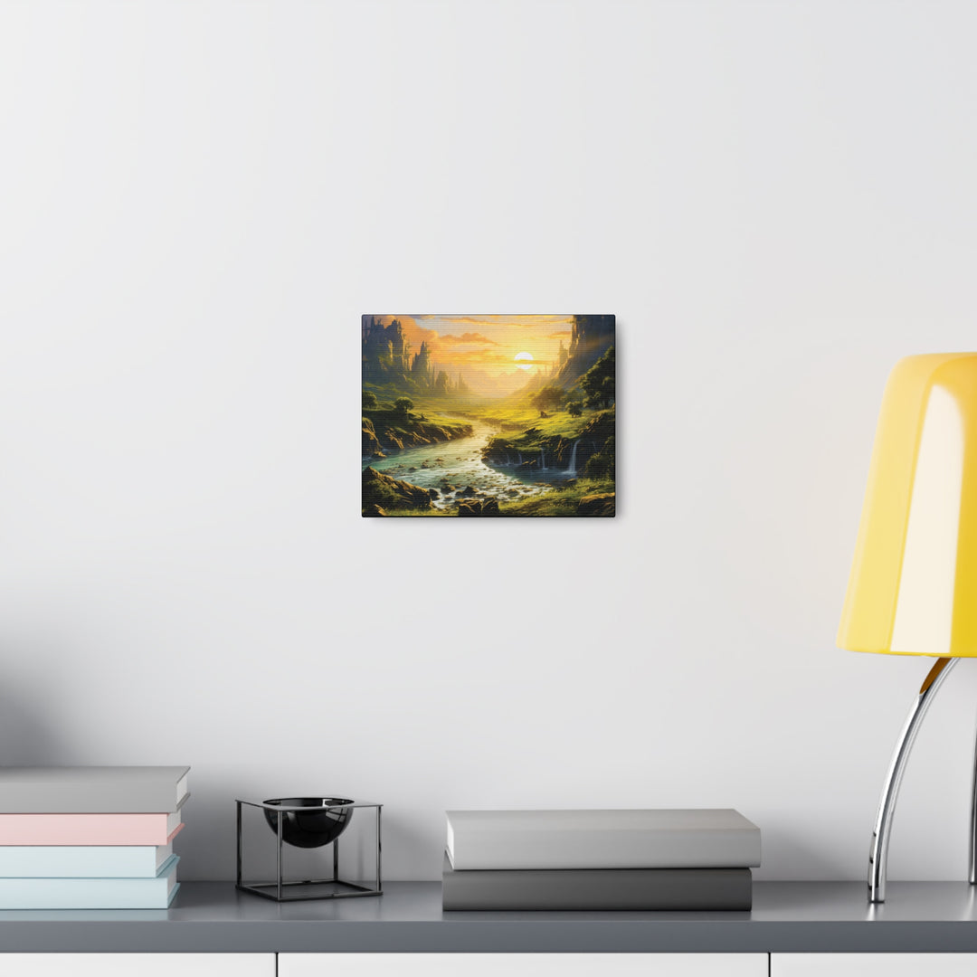 Harvest Moon Riverbank Canvas Art – Serene Sunset with Majestic Mountains & Lush Greenery - captivatingconversationsstarters