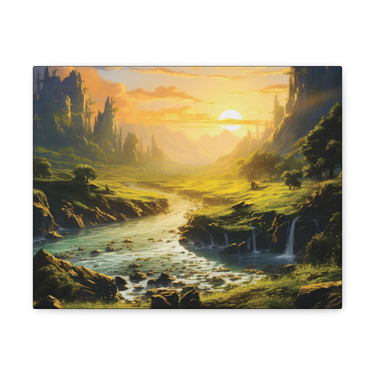 Harvest Moon Riverbank Canvas Art – Serene Sunset with Majestic Mountains & Lush Greenery - captivatingconversationsstarters