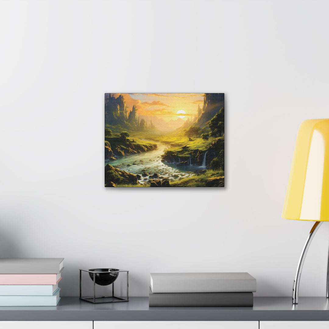 Harvest Moon Riverbank Canvas Art – Serene Sunset with Majestic Mountains & Lush Greenery - captivatingconversationsstarters